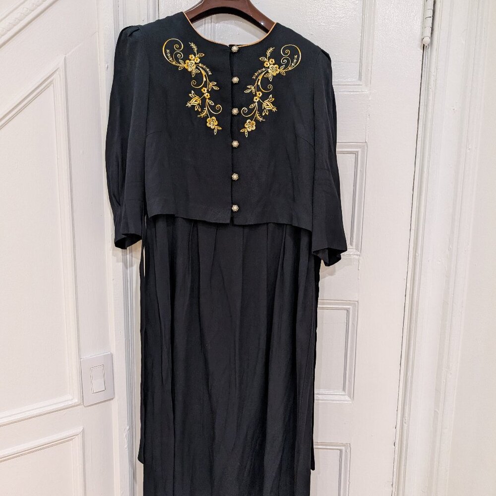 Periwinkle Women's Vintage Black Gold Floral Dress Long Sleeves Size 16